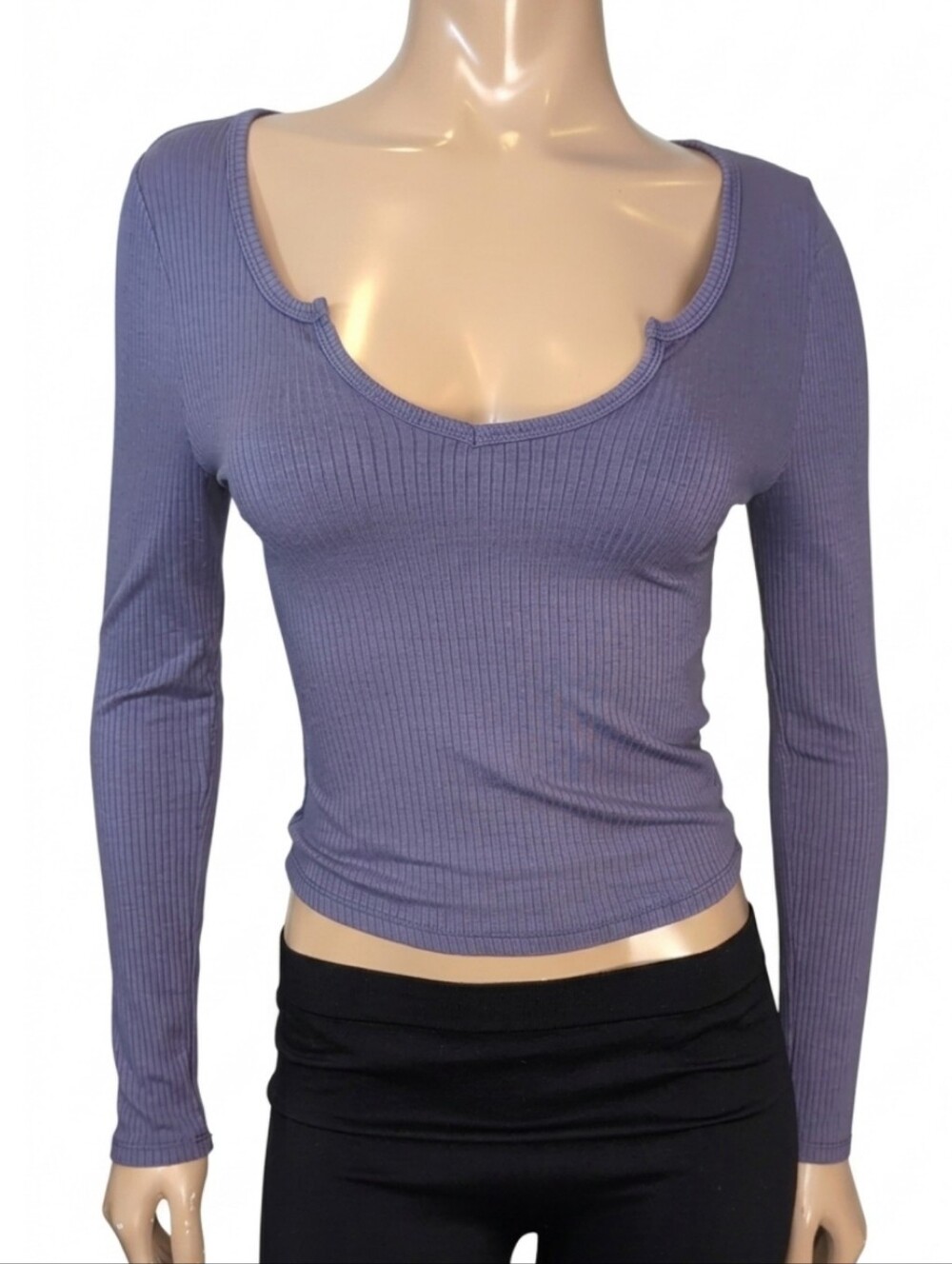 Streetwear Society Ribbed Notch Neck Long Sleeve Crop Top Purple Size Medium